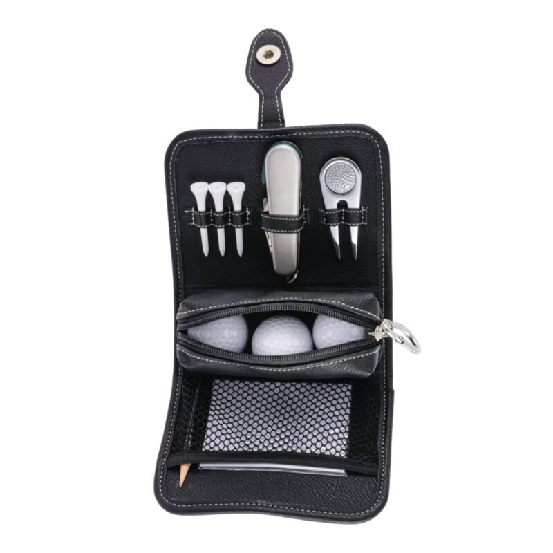 Golfer’s Essentials Kit – Complete Golf Set with Multi-Purpose Tool, Tees, Balls, and More in Premium Leatherette Pouch